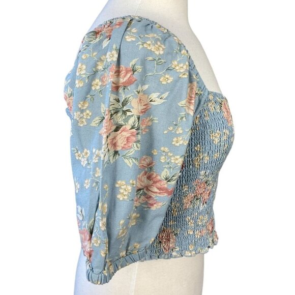 American Eagle Blue Floral Smocked Sweetheart Crop Top Short Puff Sleeves Med - Picture 5 of 11